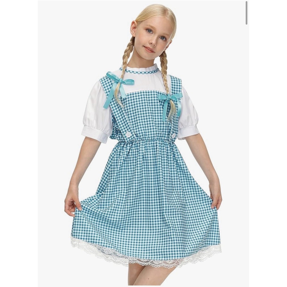 👗 Girls Halloween Costume – Blue Gingham Dress + Matching Ribbon 👗 Size: 5–6